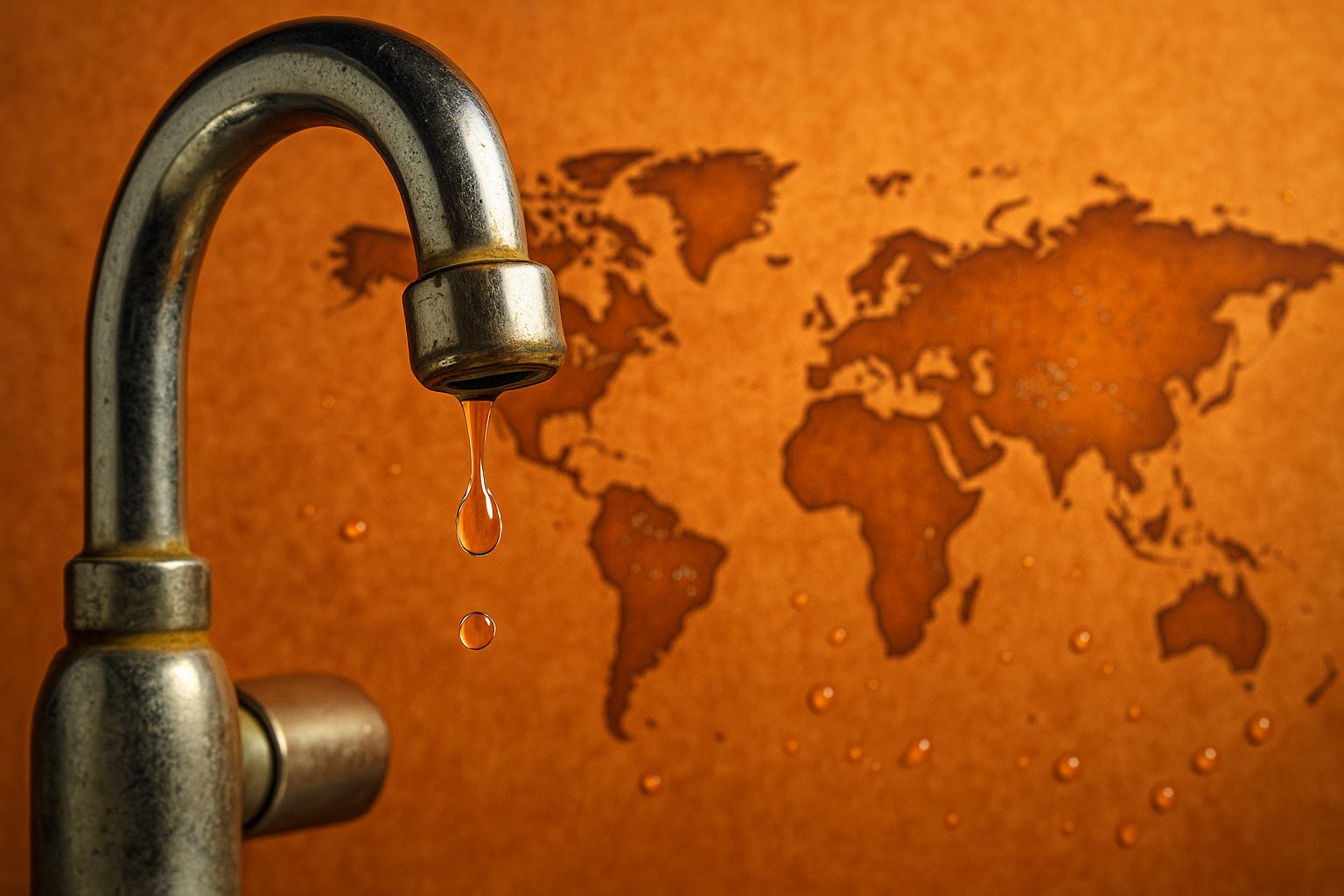 Dripping tap symbolizing global water wastage, clear water drops and world map in background