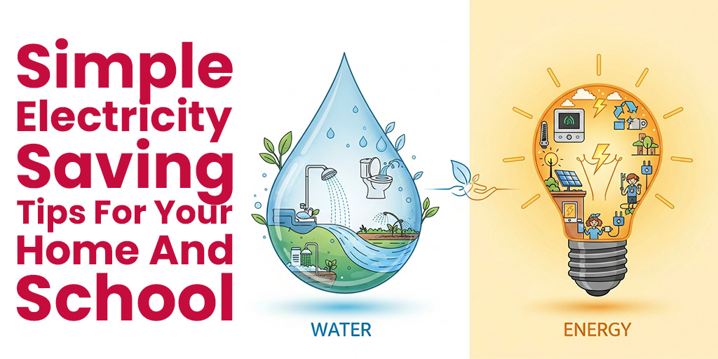 Illustration showing why saving electricity, conserving water, and managing resources are important for sustainable living