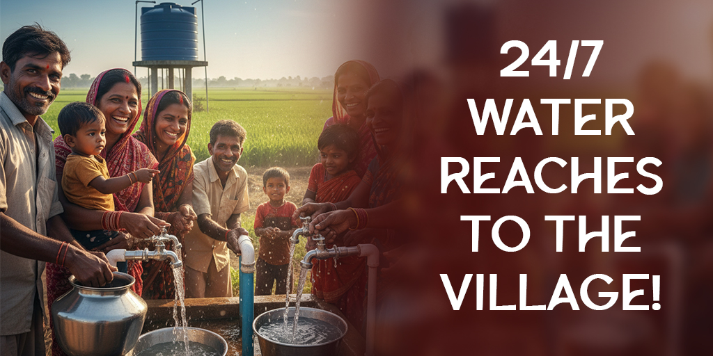 Villagers collecting clean drinking water after pipeline project completion